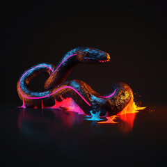 snake made of lava, water liquid, neon