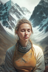 Portr&auml;t einer sch&ouml;nen Frau in den Bergen, Meditierende Frau close-up portr&auml;t, Nahaufnahme einer meditierenden Frau in der Natur, ki generiert