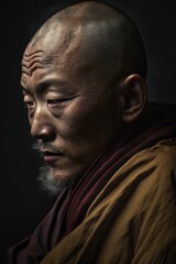 Meditierender Mönch Close-up Porträt, Nahaufnahme eines meditierenden Mönchs, Buddhistischer Mönch, Asiate, Mann mit geschlossenen Augen, KI generiert