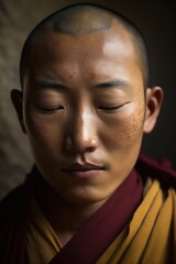 Meditierender Mönch Close-up Porträt, Nahaufnahme eines meditierenden Mönchs, Buddhistischer Mönch, Mann mit geschlossenen Augen, KI generiert, KI, generiert