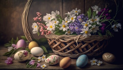 Easter eggs in a basket surrounded by flowers on vintage woode,Generative AI