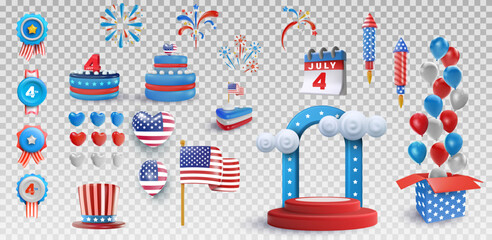 Set festive art object for usa independence day. Flag, badge, firework, balloon, cake. American national celebration design element. Bright vector 3d cartoon illustration in minimal realistic style.