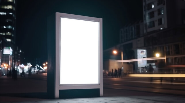 Advertising vertical billboard for the presentation of advertising on the background of the evening city. AI generated
