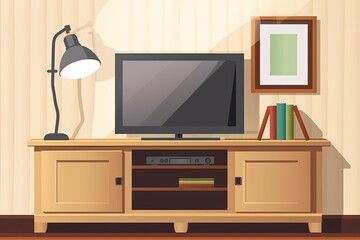 TV on a white wall in a contemporary living room with a wooden plate above the cabinet. illustration. Generative AI
