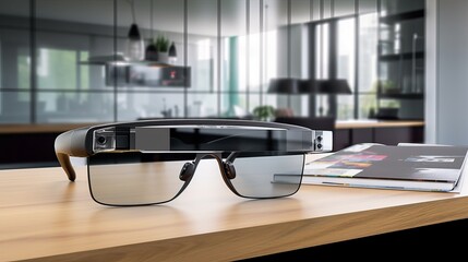 Top-Down View of AR Smart Glasses Floating in Sleek Modern Office Space
