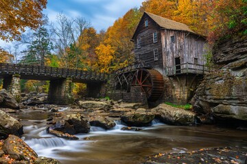 Naklejka premium Long exposure of river flowing through Grist Mill at Babcock State Park, West Virginia in autumn