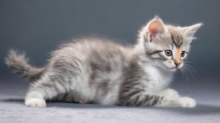 Fototapeta na wymiar Playful White Fluffy Kitten on Warm Gray Background