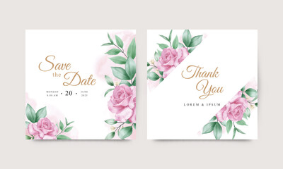 Wedding invitation card with pink roses and green leaves