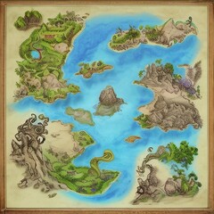 Bordered Fantasy Map With Islands, Creatures, And Vegetation, Generative AI