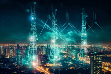 Cell phone or broadcast transmitter antenna towers with cityscape background, with connections concept, high quality generative ai