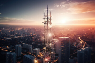 Cell phone or broadcast transmitter antenna tower with cityscape background, with connections concept, high quality generative ai