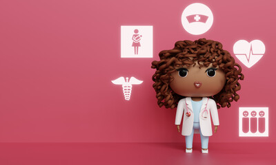 3d illustration of a black obstetrician with curly hair in front of a pink background with medical-related symbols. Medical professionals in action. Black protagonism in the health area.