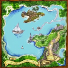 Obraz na płótnie Canvas Fantasy Map With Islands, Creatures, And Vegetation, Generative AI