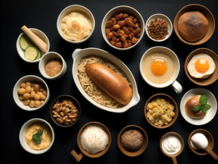A table topped with bowls of food and bowls of eggs and other foodstuffs and condiments