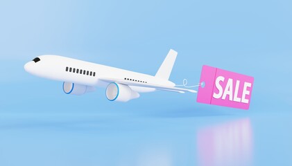 The plane is suitable for web banners and advertisements on a blue background. 3D rendering.