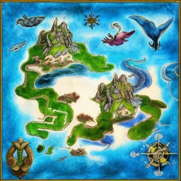 Fantasy Map With Islands, Creatures, And Vegetation, Generative AI