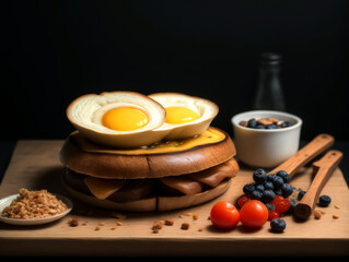 A wooden cutting board topped with eggs and other foods next to a bowl of fruit and a bottle of milk