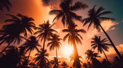 Fototapeta premium Silhouetten von Palmen gegen den warmen Farbverlauf eines tropischen Sonnenuntergangs, mit Sonnenstrahlen, friedliche Abendstimmung