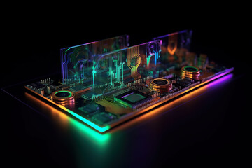 illustration of central computer processor with colorful shiny microchips and wires