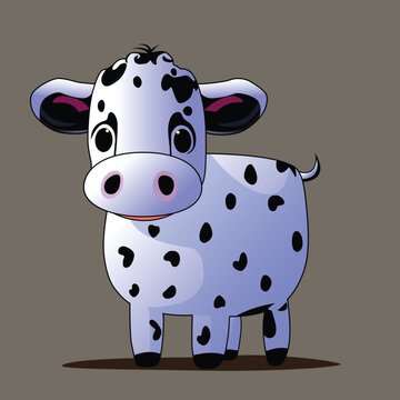 cow illustration, Cute vector cartoon style, cute animal mascot character, cattle domestic mammal, on gray background, for children's game, logo, children's book, animation, dairy product, card, etc.