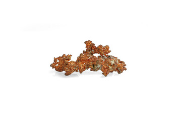 native copper (Cu) isolated on white blackground. macro detail  background. close-up Rough raw...