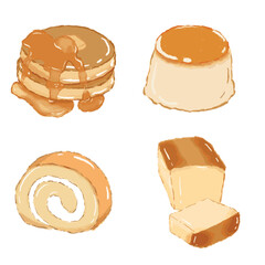 illustration of a set of cakes and pudding.
