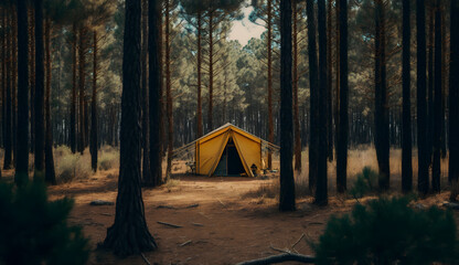 summer camp in the pine forest,view of camping tents among the pine trees ,generative ai