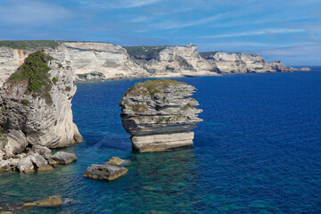 Scenic view of coastal limestone cliffs and the crystal clear sea at Bonifacio. The famous rugged...