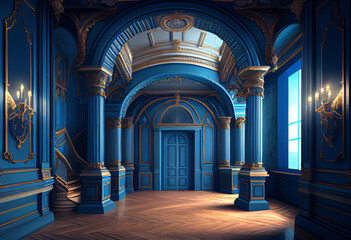 Fototapeta premium Realistic interior of a castle or palace decorated with blue gemstone and gold. AI generative.