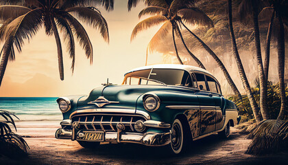 A vintage car in the style of the 1960s stands under palm trees on the seashore. Vintage color toning illustration. AI generative.