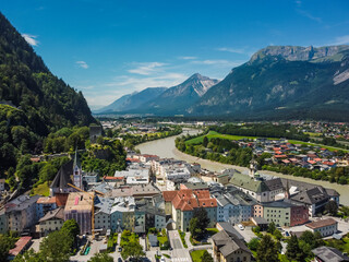 Fototapeta na wymiar Aerial view Rattenberg town in Kufstein, Tirol. Austria by drone. Alps mountains. River Inn.