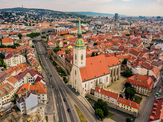 Obraz premium Aerial vIew by drone. Summer. Bratislava, Presburg. Slovakia. Curch St. Marthin.