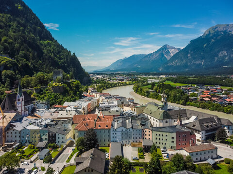 Aerial view Rattenberg town in Kufstein, Tirol. Austria by drone. Alps mountains. River Inn.