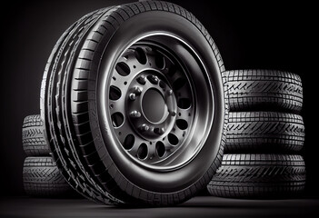 Obraz premium A stack of new car wheels with aluminum rims on a black background. AI generative.