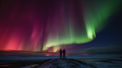Aurora borealis, northern lights in Iceland. Couple looking at aurora borealis - Generative AI