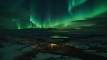Fototapeta na wymiar Aurora borealis, northern lights in Iceland. Couple looking at aurora borealis - Generative AI