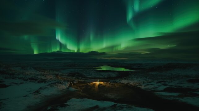 Aurora borealis, northern lights in Iceland. Couple looking at aurora borealis - Generative AI © GianC__aho