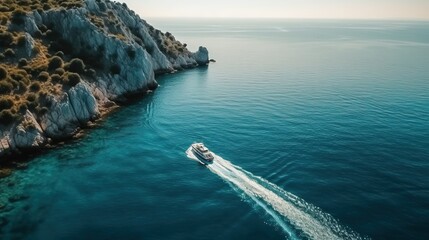 Aerial view of a boat on the turquoise sea near the coastline in the mediterranean sea - Generative AI - obrazy, fototapety, plakaty