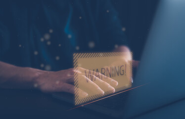 internet network security concept, man working on computer  with  warning sign developer with triangle caution warning sign for notification error and maintenance, e-document data protection