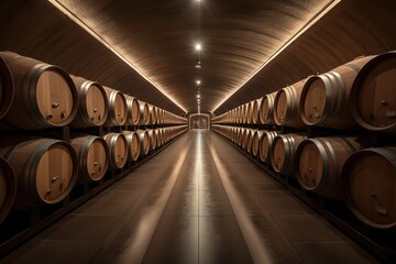 underground cellar full of wine barrels - Generative AI
