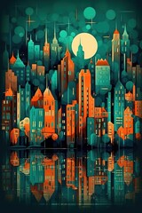 Night city landscape with skyscrapers, small houses and reflections.folk art illustration. Generative AI