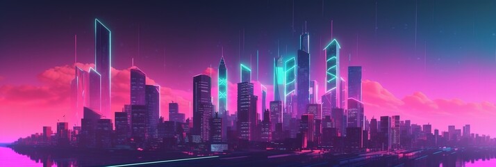Obraz na płótnie Canvas Sci-fi background, Night City Skyline in the style of retro waves, synth, 80s design. Futuristic illustration - Generative AI