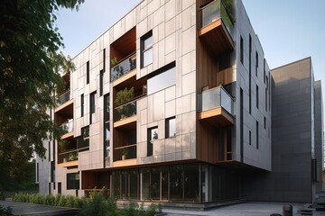 Obraz premium Office building facade modern architecture with natural materials and geometric shapes, large windows, and greenery to create a sense of connection with nature . Generative AI