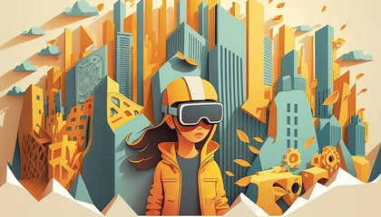 Paper Cut Style poster for Metaverse Virtual reality concept, Generative AI. - 593317586