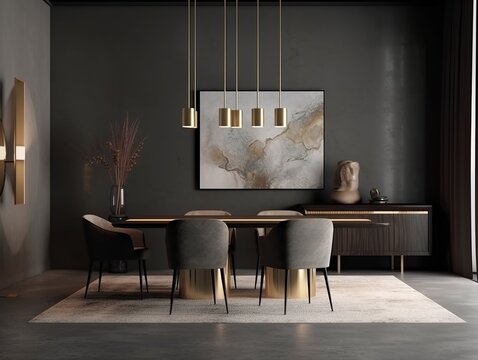 Contemporary dark dining room with two empty white mockup posters. generative ai