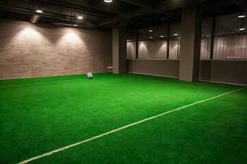 Fototapeta na wymiar Empty grass sport field indoor cafe for sport soccer and tennis training, Generative AI
