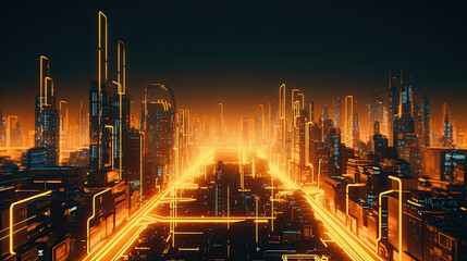illuminated orange Neon Futuristic Metaverse Skyscraper city, for technology advertisement banner, Generative AI