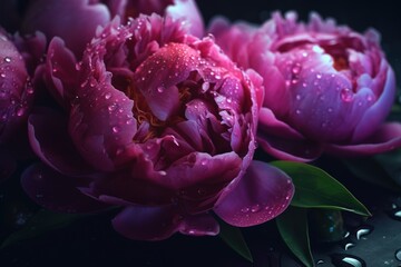 Peony flower with water drops, neon glow, bokeh lights on background. Generative ai