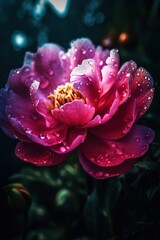 Peony flower with water drops, neon glow, bokeh lights on background. Generative ai