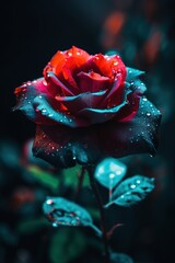 Rose flower with water drops, neon glow, bokeh lights on background. Generative ai